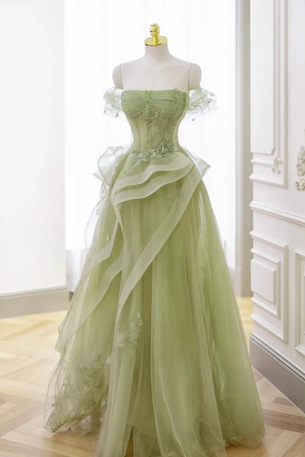 Wholesale Green Tulle Lace Long Prom Dress with Corset Green Formal Party Dress