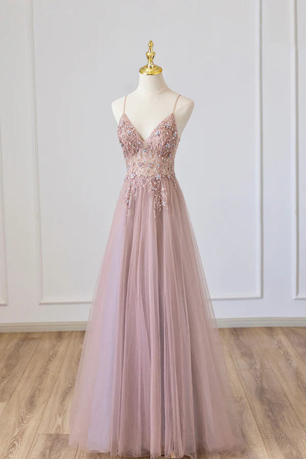 Wholesale Pink Tulle Long A-Line Prom Dress Pink Spaghetti Formal Dress with Beaded