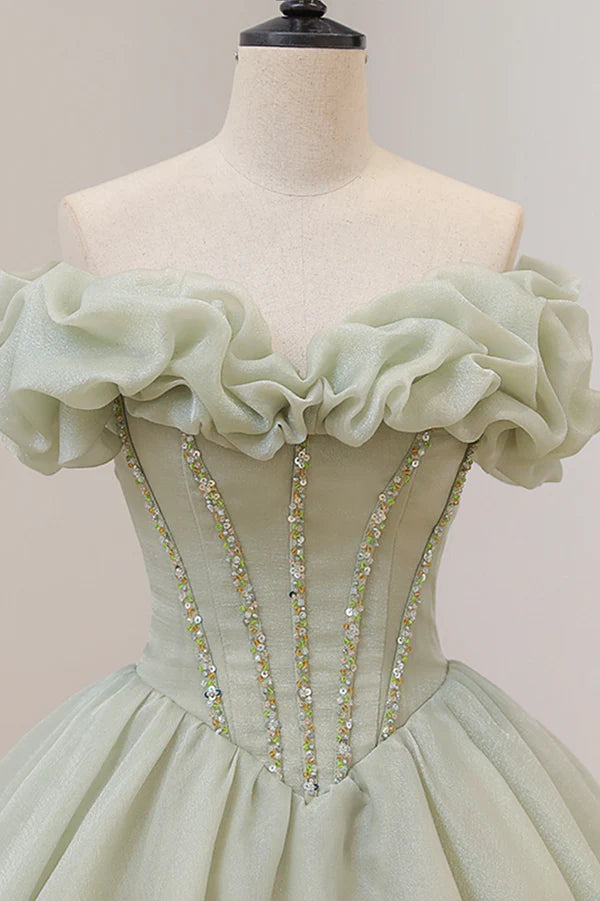 Wholesale Green A-Line Tulle Long Prom Dress with Beaded Off the Shoulder Evening Dress