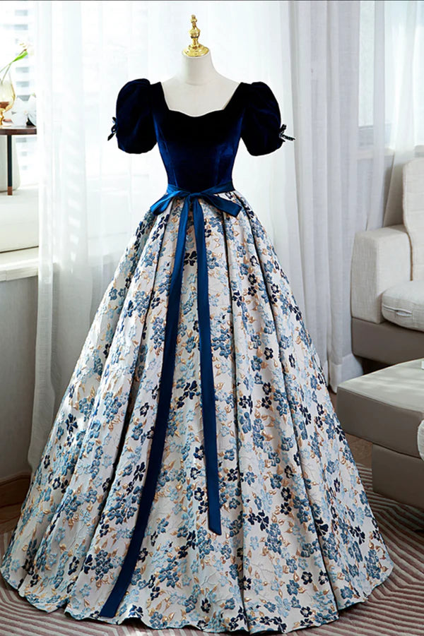 Wholesale Blue Velvet Floral Long Ball Gown A-Line Short Sleeve Formal Evening Dress