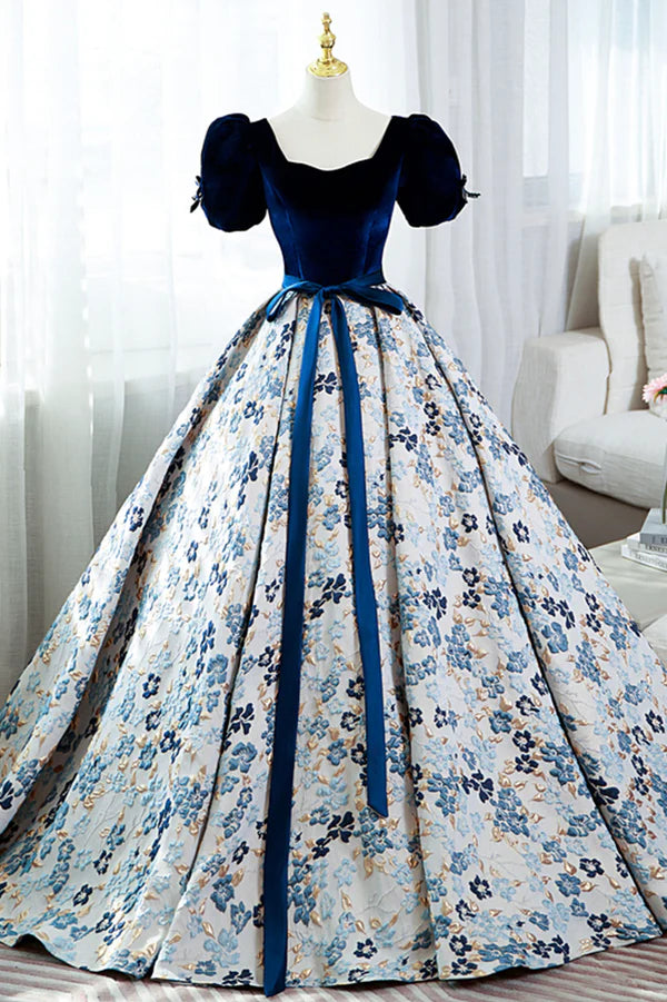 Wholesale Blue Velvet Floral Long Ball Gown A-Line Short Sleeve Formal Evening Dress