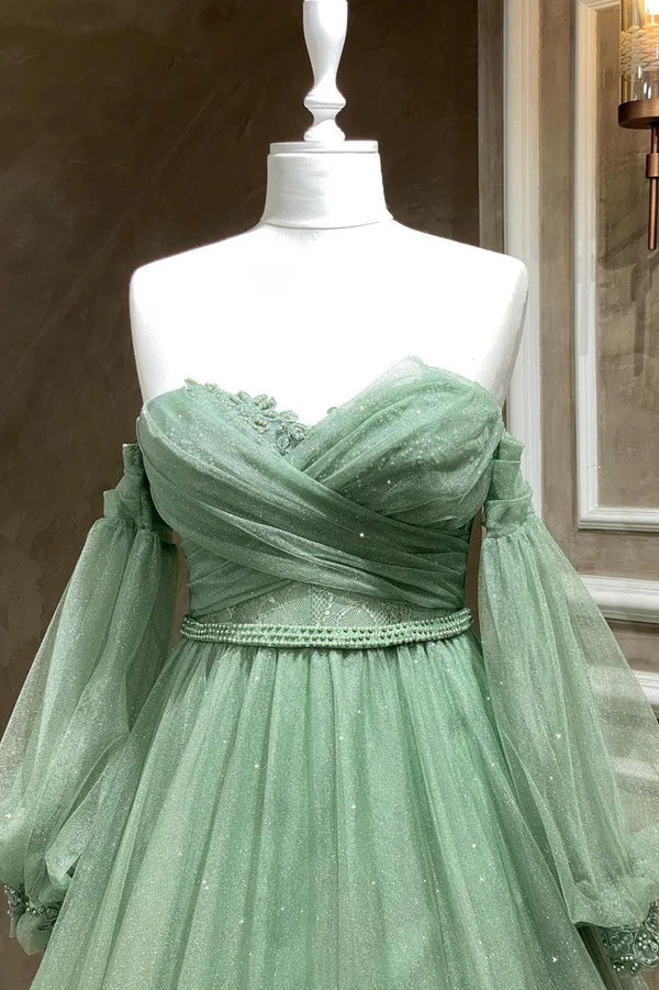 Wholesale Green Strapless Tulle Long Sleeve Prom Dress Green A-Line Evening Party Dress