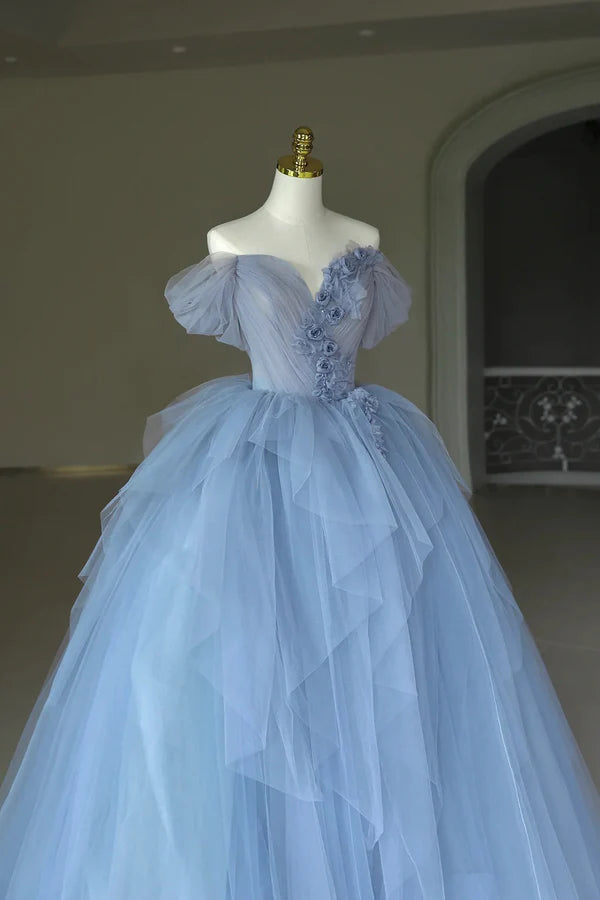 Wholesale Blue Tulle Floor Length Prom Dress Off the Shoulder Evening Dress with 3D Flowers