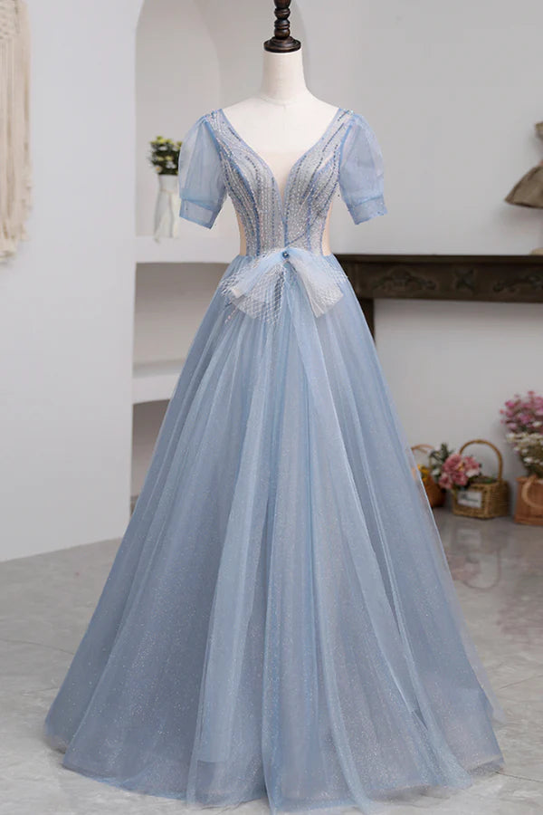 Wholesale Blue Short Sleeve Tulle Floor Length Prom Dress with Beaded Blue A-Line Evening Dress