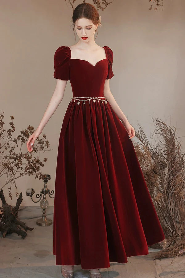 Wholesale Burgundy Velvet Floor Length Prom Dress Lovely A-Line Evening Party Dress