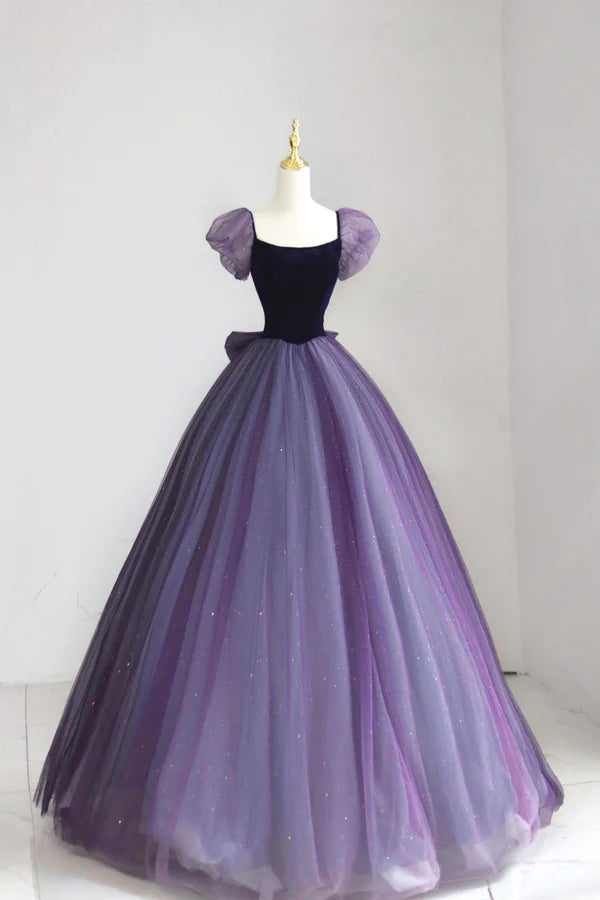 Wholesale Purple Tulle Long Prom Dress with Velvet Cute A-Line Short Sleeve Evening Dress