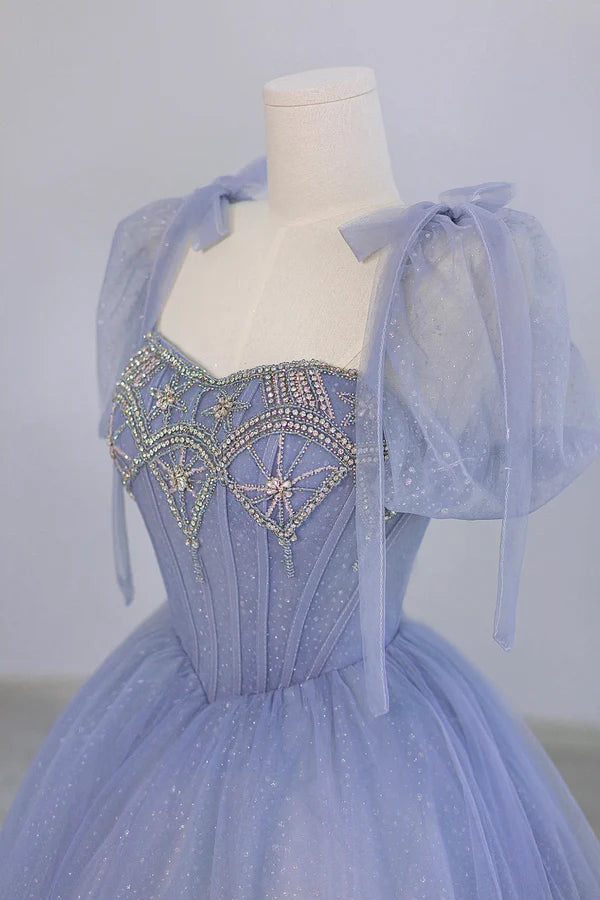 Wholesale Blue Tulle Beaded Long Prom Dress Beautiful A-line Blue Evening Party Dress