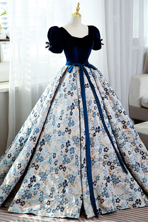 Wholesale Blue Velvet Floral Long Ball Gown A-Line Short Sleeve Formal Evening Dress