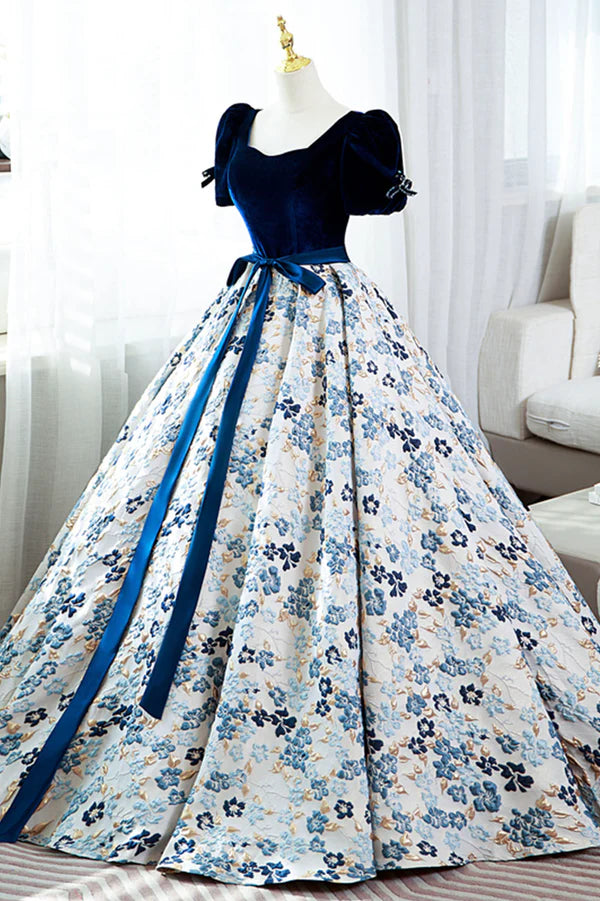 Wholesale Blue Velvet Floral Long Ball Gown A-Line Short Sleeve Formal Evening Dress