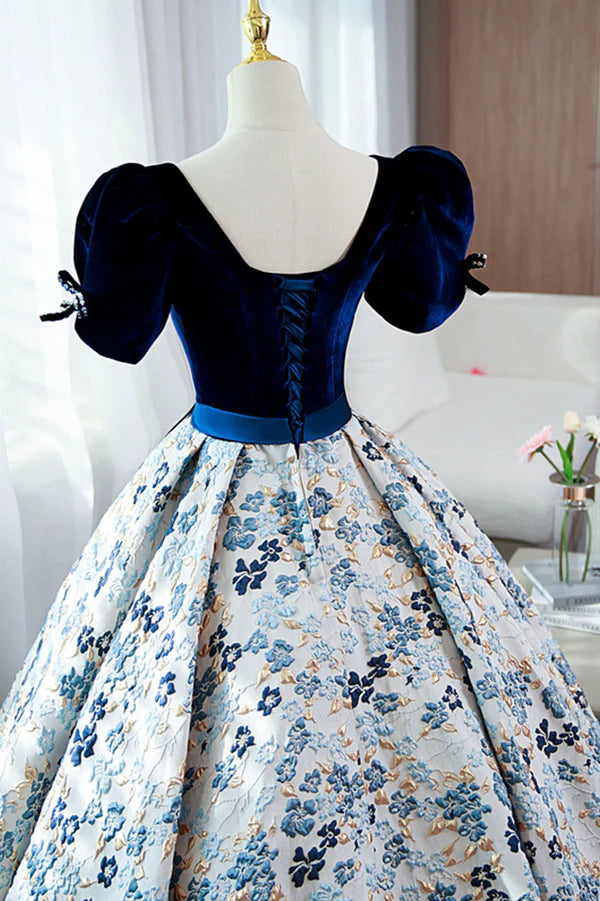 Wholesale Blue Velvet Floral Long Ball Gown A-Line Short Sleeve Formal Evening Dress