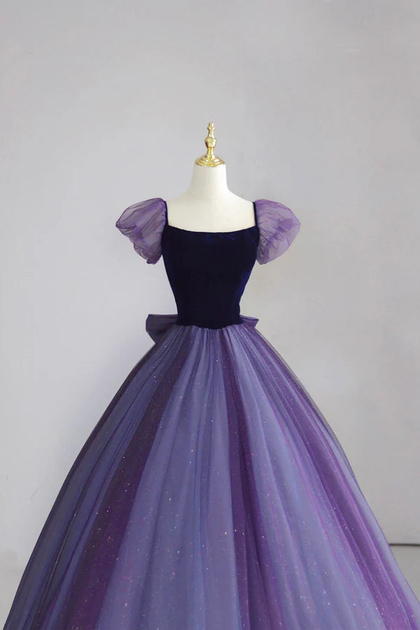 Wholesale Purple Tulle Long Prom Dress with Velvet Cute A-Line Short Sleeve Evening Dress