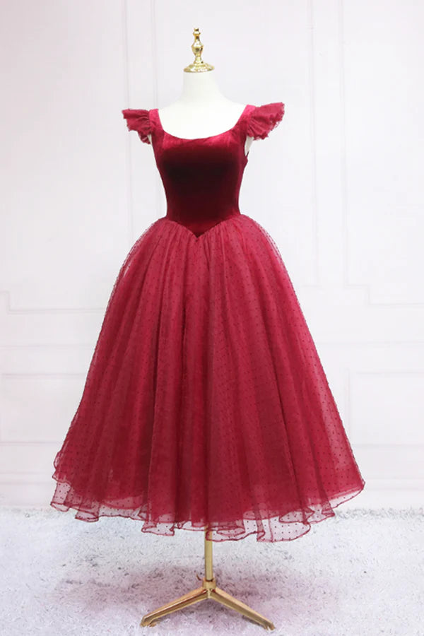 Wholesale Burgundy Velvet Tulle Tea Length Prom Dress Cute A-Line Party Dress