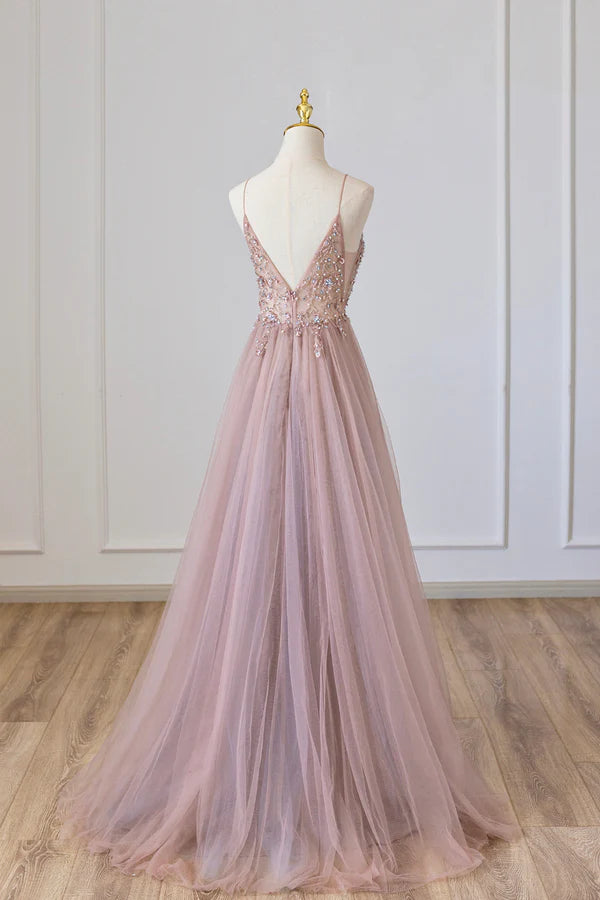 Wholesale Pink Tulle Long A-Line Prom Dress Pink Spaghetti Formal Dress with Beaded
