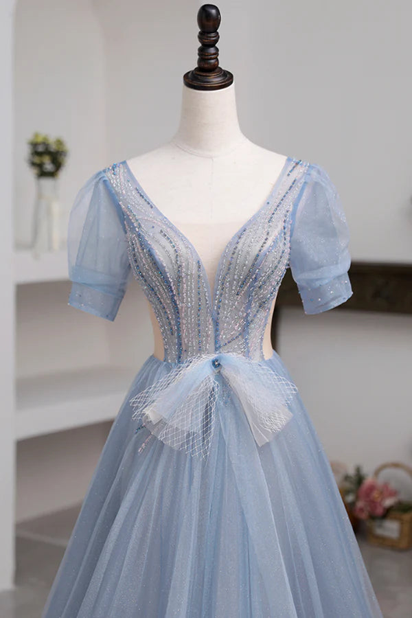 Wholesale Blue Short Sleeve Tulle Floor Length Prom Dress with Beaded Blue A-Line Evening Dress