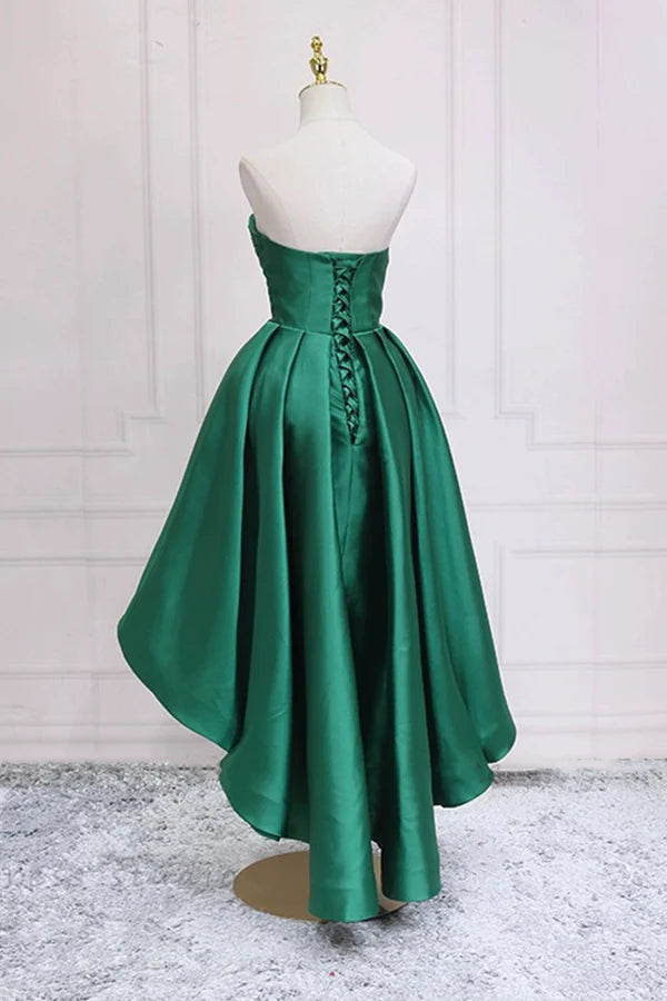 Wholesale Green Satin High Low Prom Dress Cute Sweetheart Neck Evening Party Dress