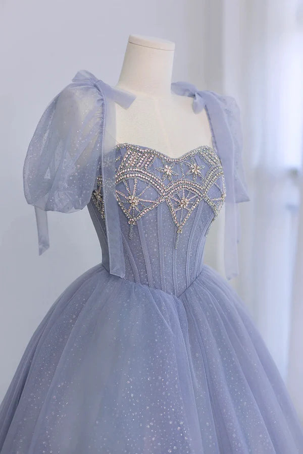 Wholesale Blue Tulle Beaded Long Prom Dress Beautiful A-line Blue Evening Party Dress