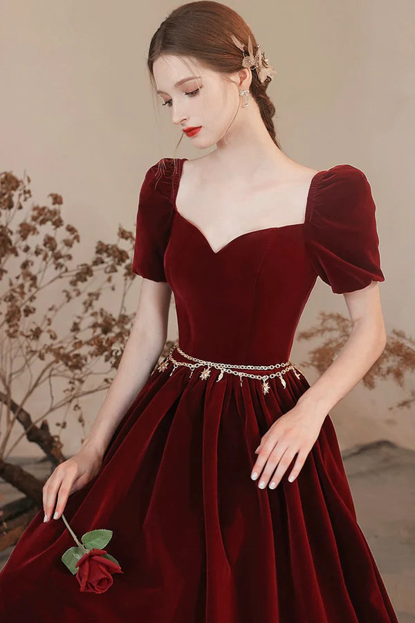 Wholesale Burgundy Velvet Floor Length Prom Dress Lovely A-Line Evening Party Dress