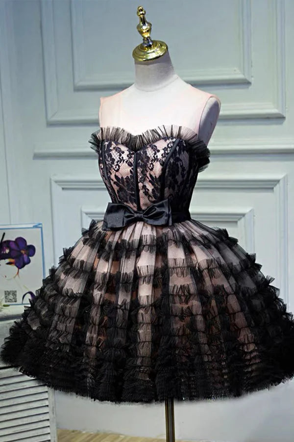 Wholesale Black Tulle Lace Short Prom Dress A-Line Black Homecoming Dress