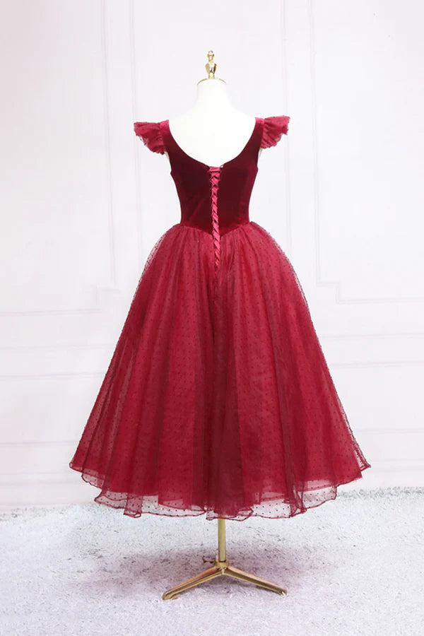 Wholesale Burgundy Velvet Tulle Tea Length Prom Dress Cute A-Line Party Dress