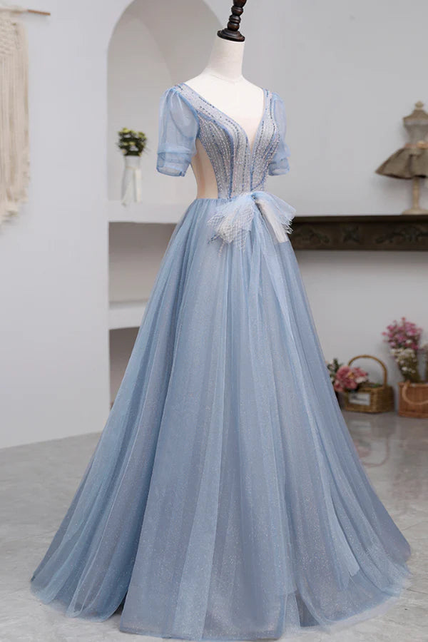 Wholesale Blue Short Sleeve Tulle Floor Length Prom Dress with Beaded Blue A-Line Evening Dress