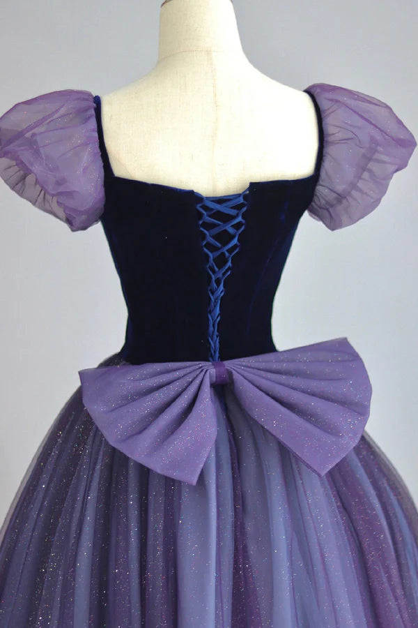 Wholesale Purple Tulle Long Prom Dress with Velvet Cute A-Line Short Sleeve Evening Dress