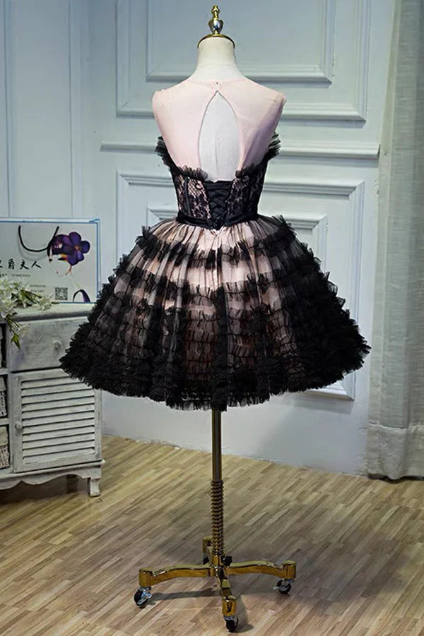 Wholesale Black Tulle Lace Short Prom Dress A-Line Black Homecoming Dress