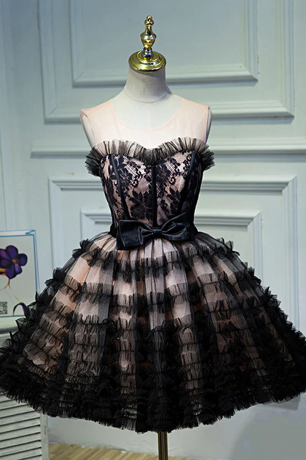 Wholesale Black Tulle Lace Short Prom Dress A-Line Black Homecoming Dress