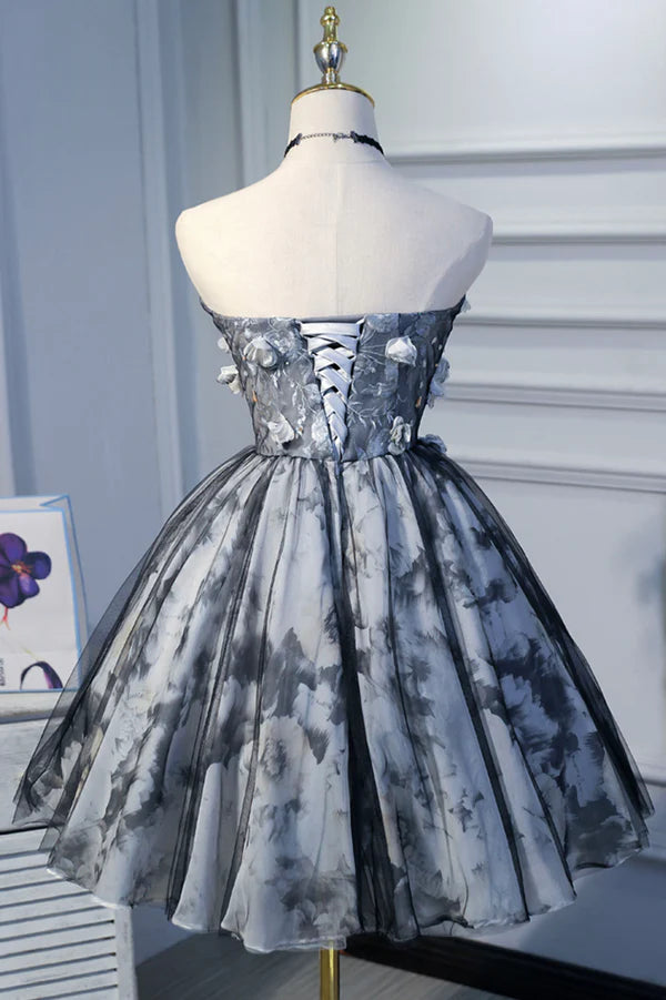 Wholesale Gray Lace Strapless Short Prom Dress A-Line Sweetheart Neckline Party Dress
