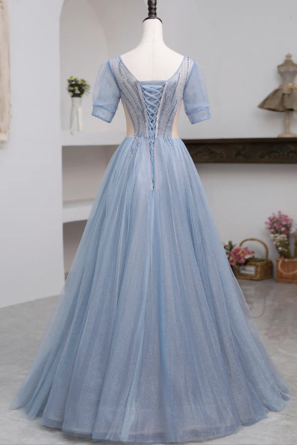 Wholesale Blue Short Sleeve Tulle Floor Length Prom Dress with Beaded Blue A-Line Evening Dress