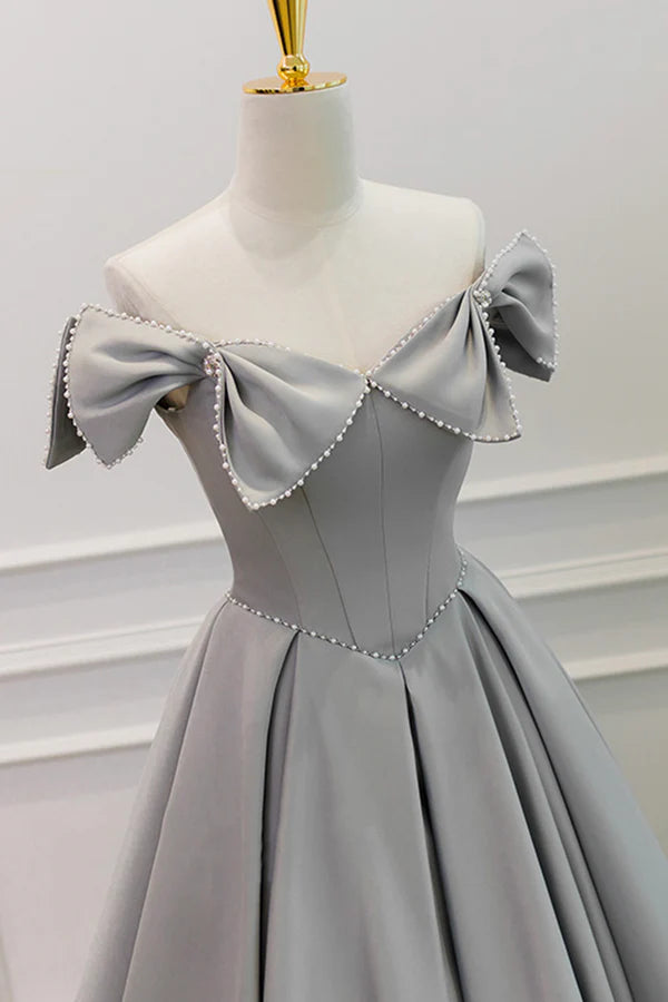 Wholesale Gray Satin Floor Length Formal Dress with Pearls Cute A-Line Prom Dress