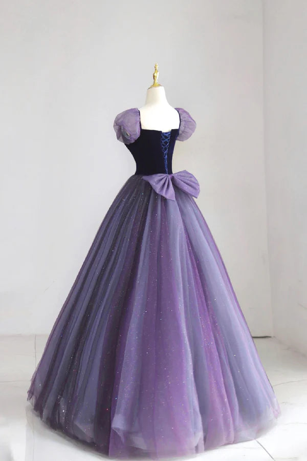 Wholesale Purple Tulle Long Prom Dress with Velvet Cute A-Line Short Sleeve Evening Dress