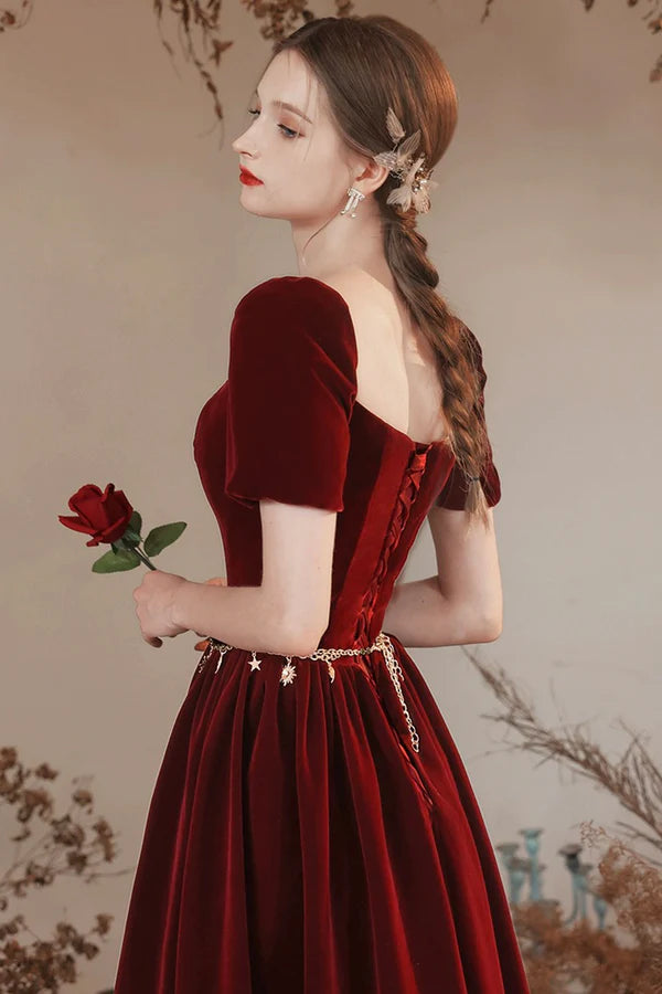 Wholesale Burgundy Velvet Floor Length Prom Dress Lovely A-Line Evening Party Dress