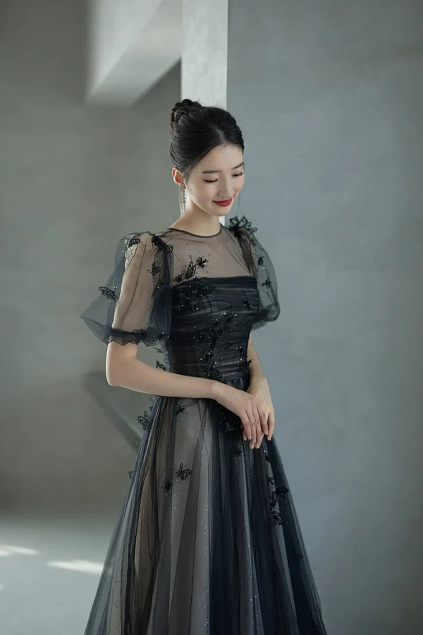 Wholesale Black Tulle Sequins Long Prom Dress Lovely A-Line Evening Party Dress