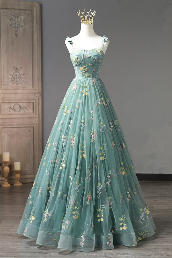 Wholesale Green Lace Long A-Line Formal Dress Spaghetti Strap Evening Gown