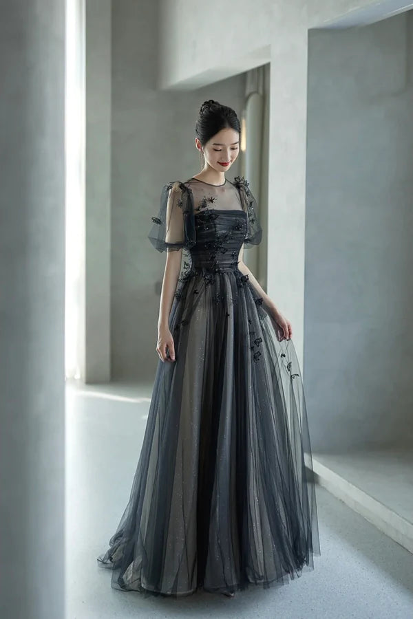 Wholesale Black Tulle Sequins Long Prom Dress Lovely A-Line Evening Party Dress