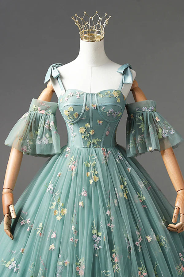 Wholesale Green Lace Long A-Line Formal Dress Spaghetti Strap Evening Gown