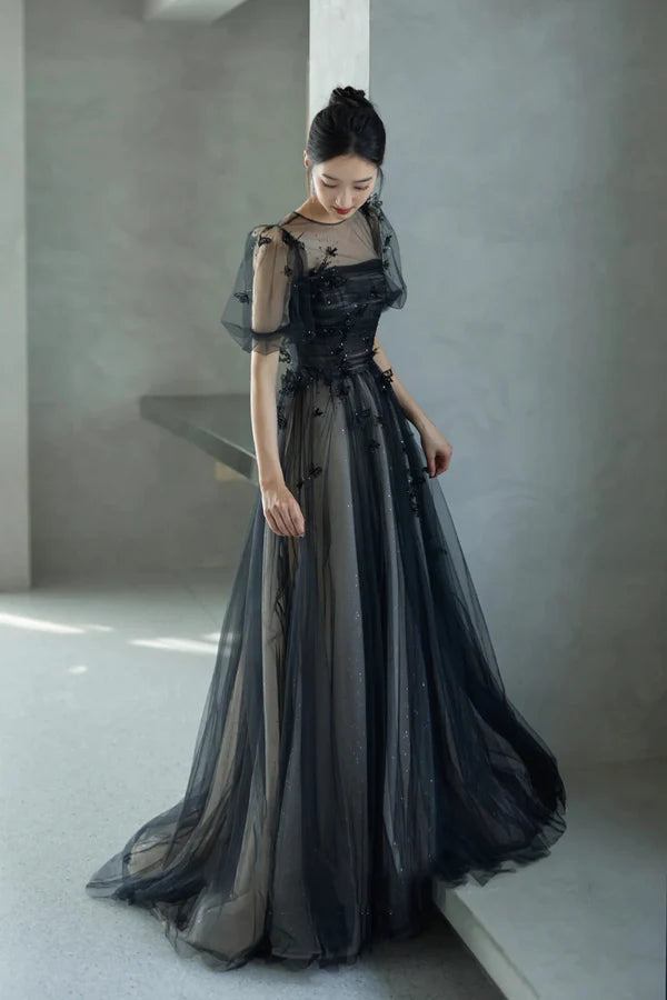 Wholesale Black Tulle Sequins Long Prom Dress Lovely A-Line Evening Party Dress