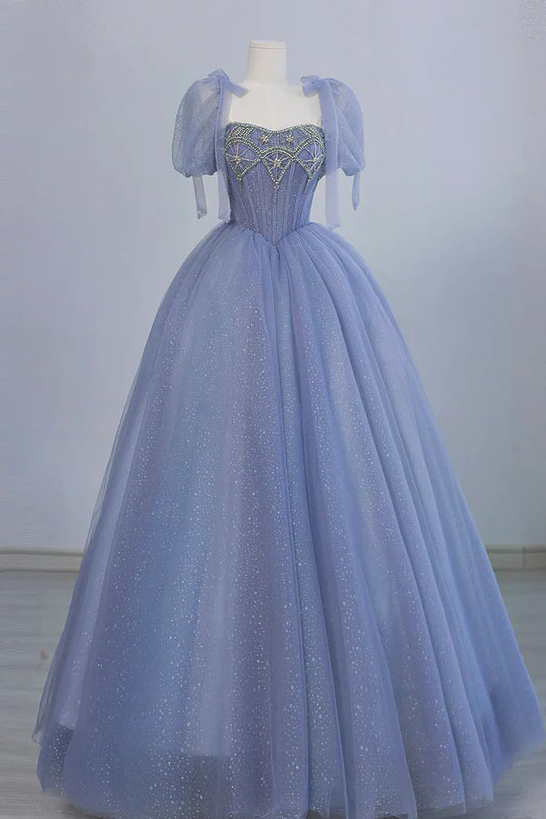 Wholesale Blue Tulle Beaded Long Prom Dress Beautiful A-line Blue Evening Party Dress