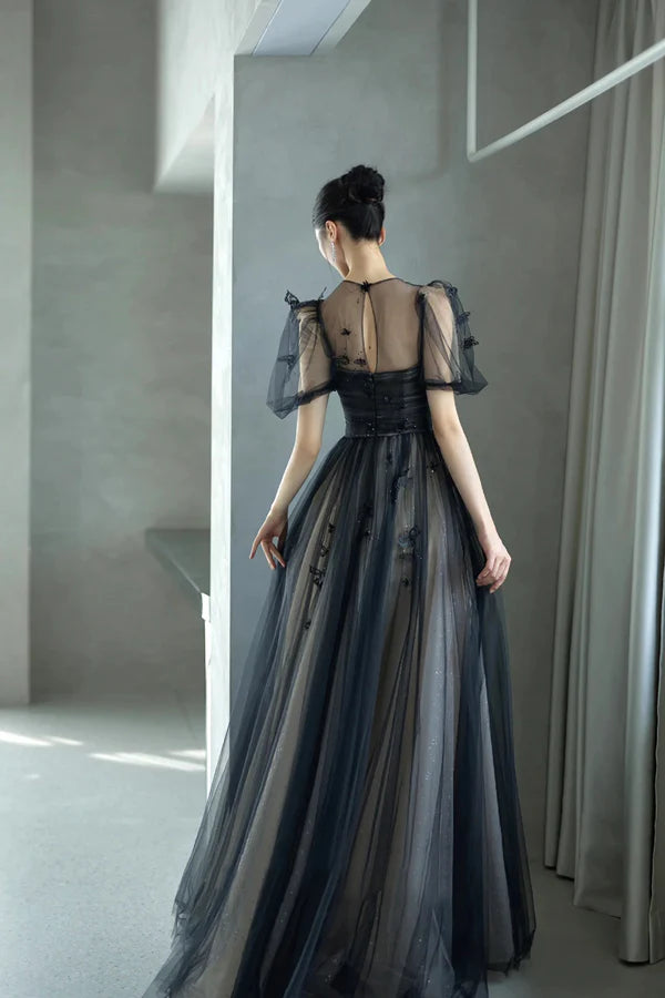 Wholesale Black Tulle Sequins Long Prom Dress Lovely A-Line Evening Party Dress