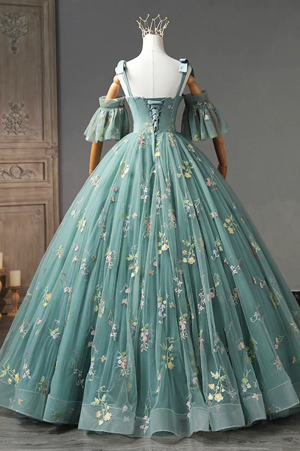 Wholesale Green Lace Long A-Line Formal Dress Spaghetti Strap Evening Gown