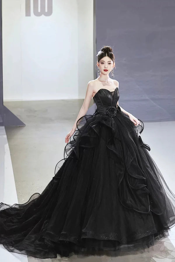 Wholesale Black Tulle Beaded Long Ball Gown A-Line Strapless Evening Formal Gown