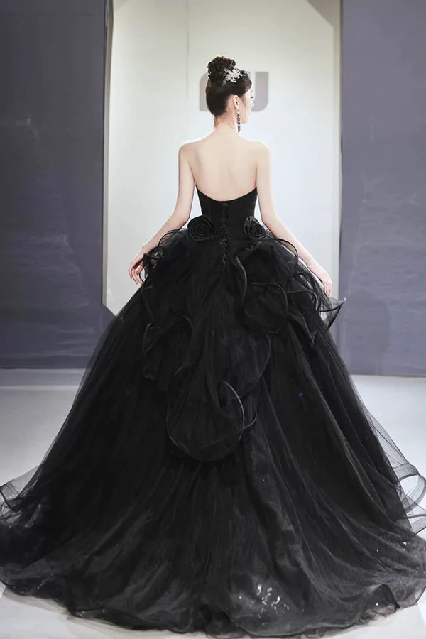 Wholesale Black Tulle Beaded Long Ball Gown A-Line Strapless Evening Formal Gown