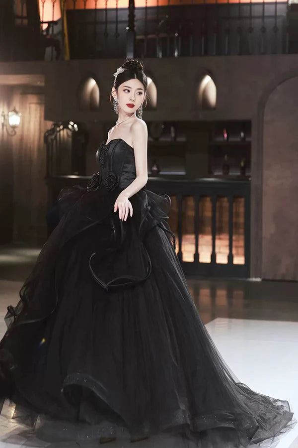 Wholesale Black Tulle Beaded Long Ball Gown A-Line Strapless Evening Formal Gown
