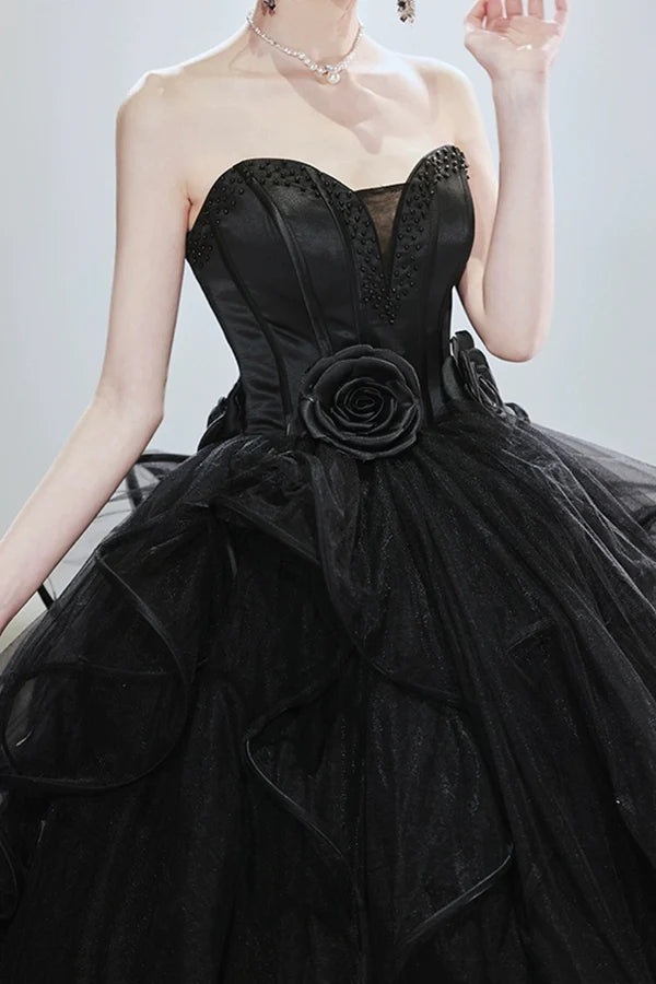 Wholesale Black Tulle Beaded Long Ball Gown A-Line Strapless Evening Formal Gown