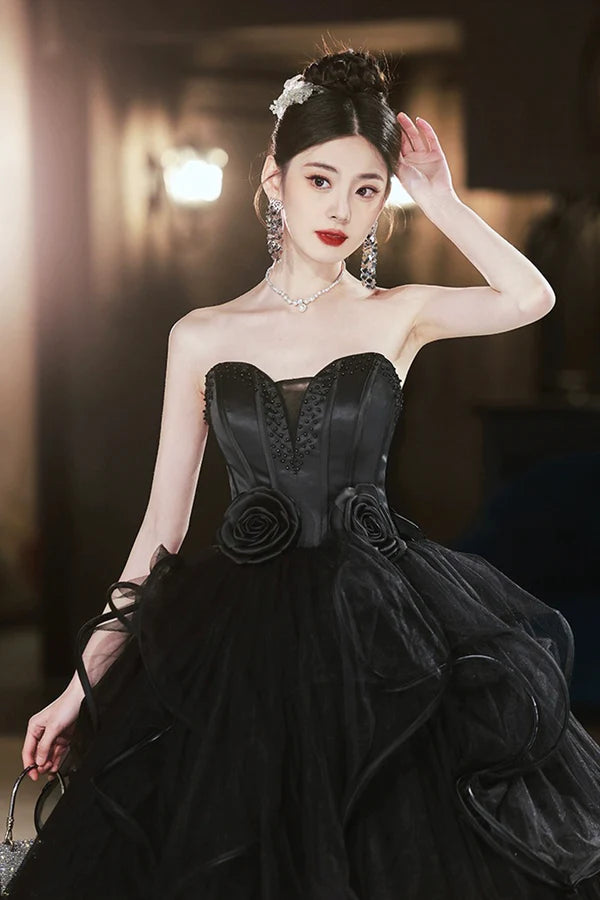 Wholesale Black Tulle Beaded Long Ball Gown A-Line Strapless Evening Formal Gown