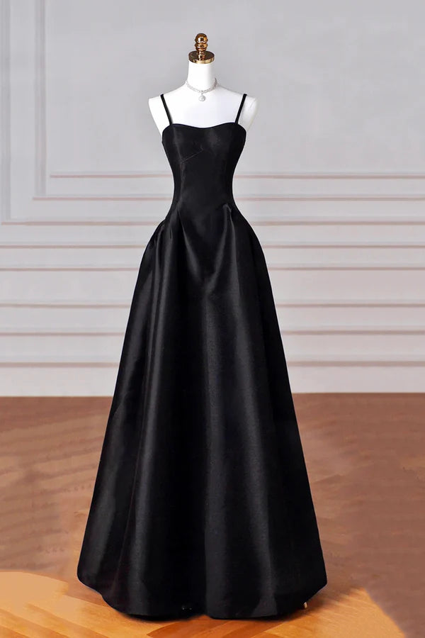 Wholesale Black Spaghetti Strap Satin Long Prom Dress A-Line Backless Evening Party Dress