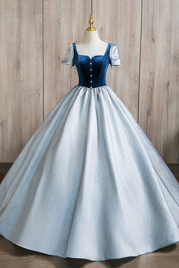 Wholesale A-Line Square Neckline Floor Length Prom Dress Blue Short Sleeve Evening Party Dress