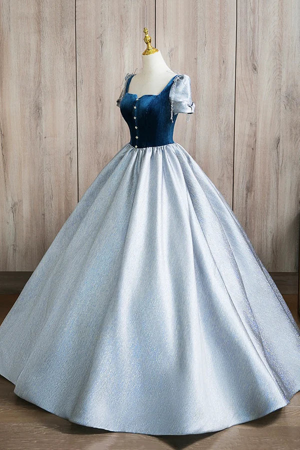 Wholesale A-Line Square Neckline Floor Length Prom Dress Blue Short Sleeve Evening Party Dress