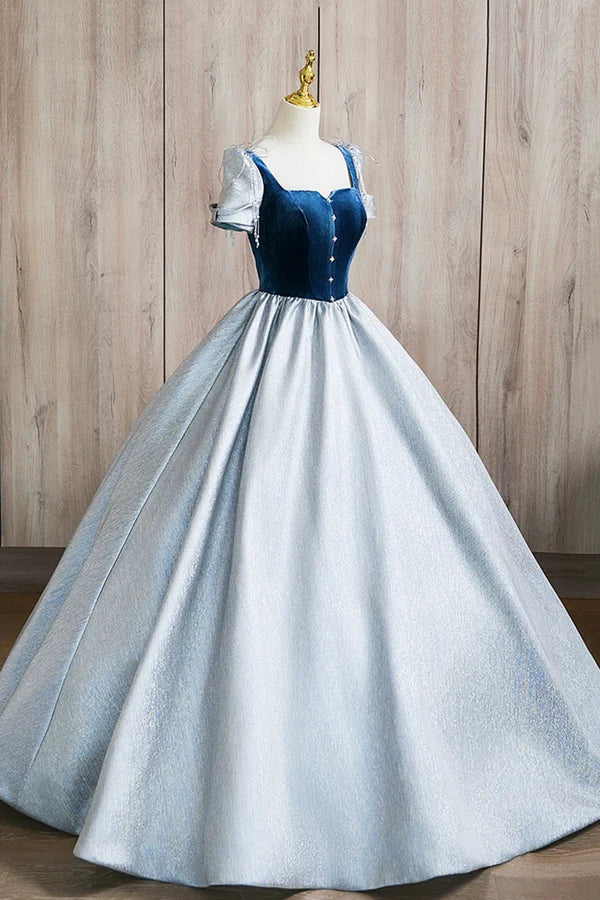 Wholesale A-Line Square Neckline Floor Length Prom Dress Blue Short Sleeve Evening Party Dress