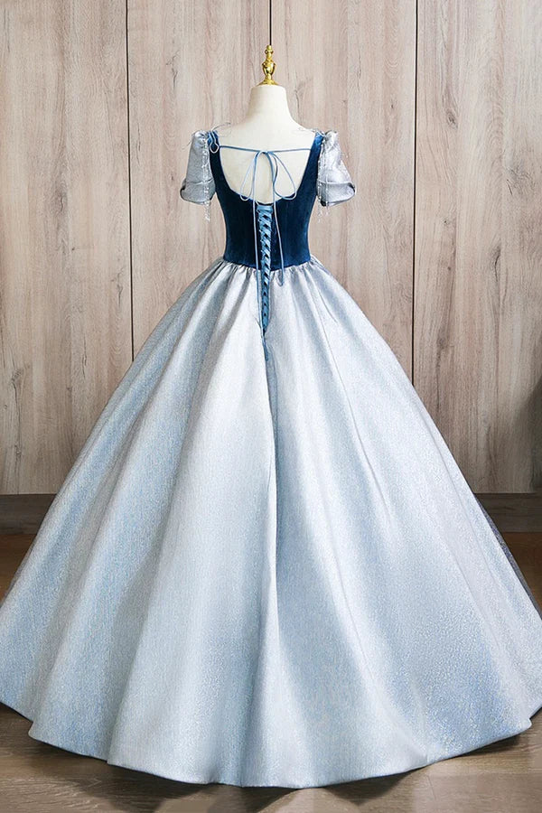 Wholesale A-Line Square Neckline Floor Length Prom Dress Blue Short Sleeve Evening Party Dress